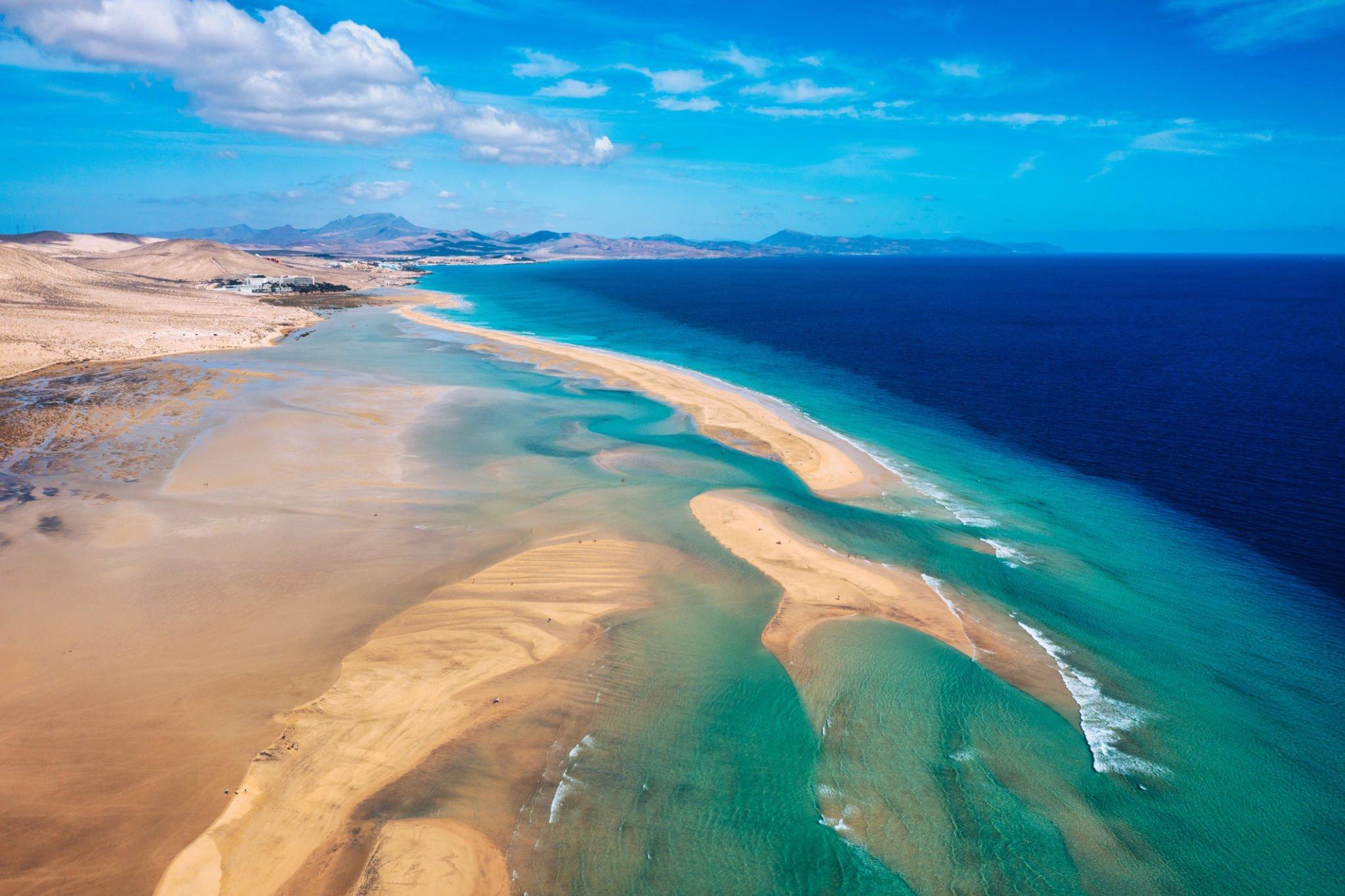 Aerial view of the Sotavento lagoon with sandbanks and turquoise water