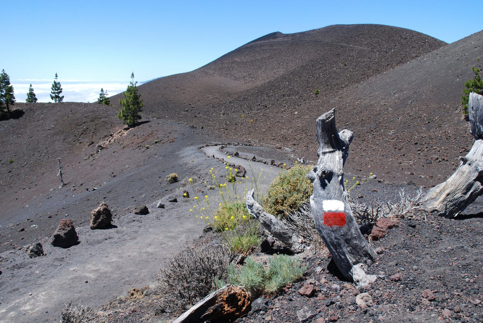Sendero de ceniza volcánica negra recorriendo la cresta de la dorsal de Cumbre Vieja en La Palma